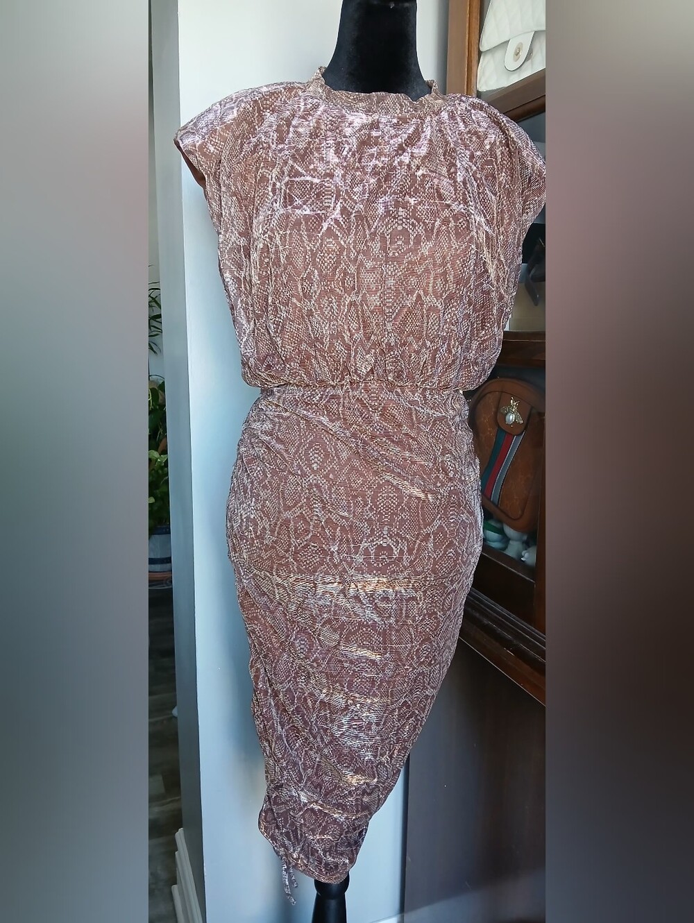 Ruched Brown Midi Dress in Dusty Rose